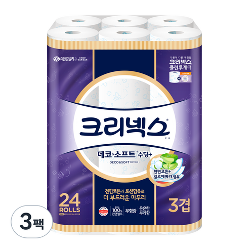 크리넥스 3겹 데코 앤 소프트 수딩플러스 화장지 27m, 3개, 24롤