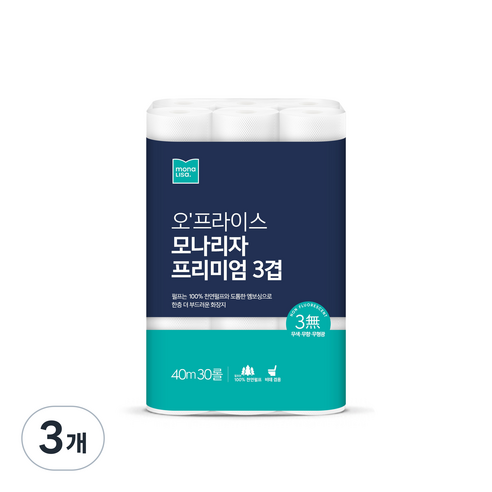 오프라이스 모나리자 프리미엄 3겹 화장지 40m*30롤, 3개