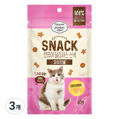 캣퓨어 고양이 딜리셔스 스낵 오리지널, 60g, 3개, 혼합맛(닭고기/참치)