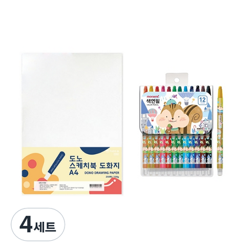 도노 스케치북 도화지 A4 130g 250매 + 모나미 모니주 샤프식 색연필 12색 문구세트, 단일색상(도화지), 남(색연필), 4세트