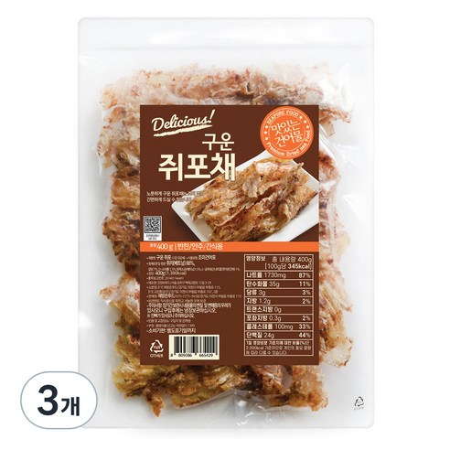 해맑은푸드 구운쥐포채, 400g, 3개