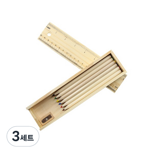 나무필통 + 색연필 + 연필깍이 문구세트 N208호, 12색(색연필), 3세트