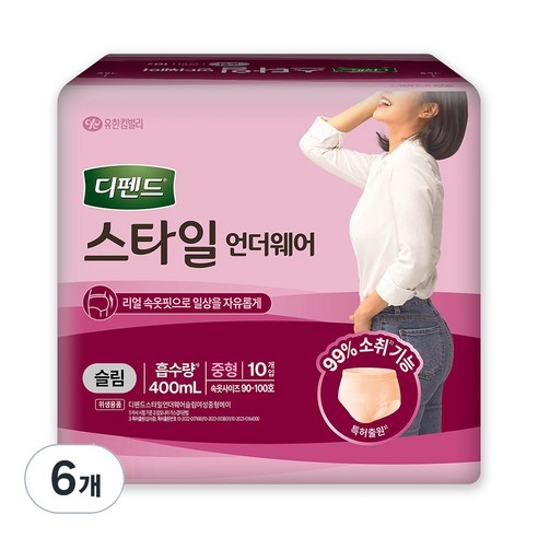 디펜드 여성용 스타일 언더웨어 슬림 성인기저귀, 중형, 10개입, 6개