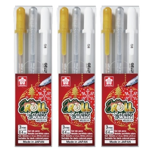 겔리롤 메탈릭 앤 화이트 펜 3종 세트 0.4mm, 화이트+골드+실버, 3세트