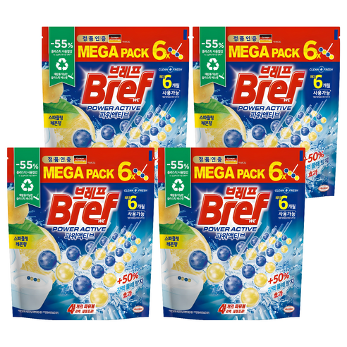 브레프 파워액티브 메가팩 변기세정제 스파클링 레몬향 6p, 300g, 4개