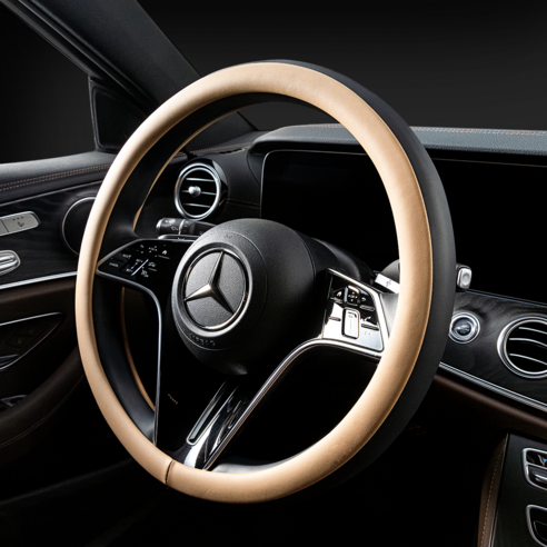 메이튼 리얼 투톤 자동차 가죽 핸들커버, 블랙 + 새들브라운