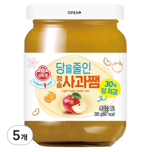 오뚜기 LIGHT 앤 JOY 당을줄인 청송사과쨈, 290g, 5개