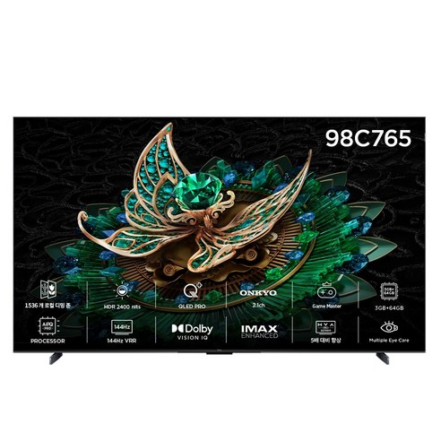 TCL 4K UHD LED QD Mini 스마트TV, 247.7cm(98인치), 98C765, 벽걸이형, 방문설치