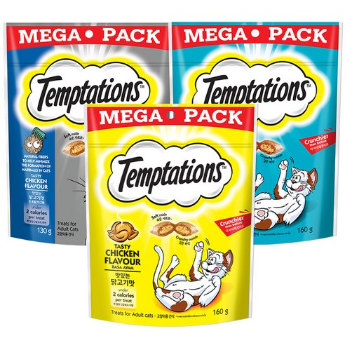   템테이션 메가팩 고양이 간식 3종 세트, 맛있는 닭고기맛,&고소한 참치맛&헤어볼 컨트롤, 1세트
