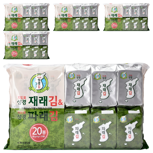 성경식품 지도표 재래식 성경식탁김 4g x 10p + 파래김 4g x 10p, 80g, 5개