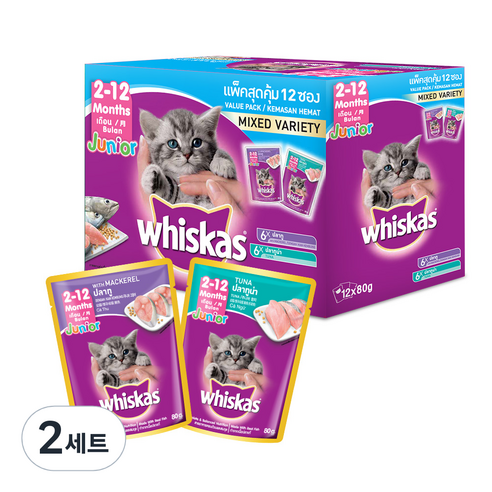 위스카스 주니어 고양이 파우치 믹스드 버라이어티팩 2세트, 80g, 2~12개월용 (참치 고등어, 생선) 
고양이 사료
