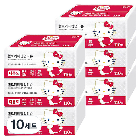헬로키티 팝업 천연펄프 미용티슈 3겹 레드, 110매, 10세트