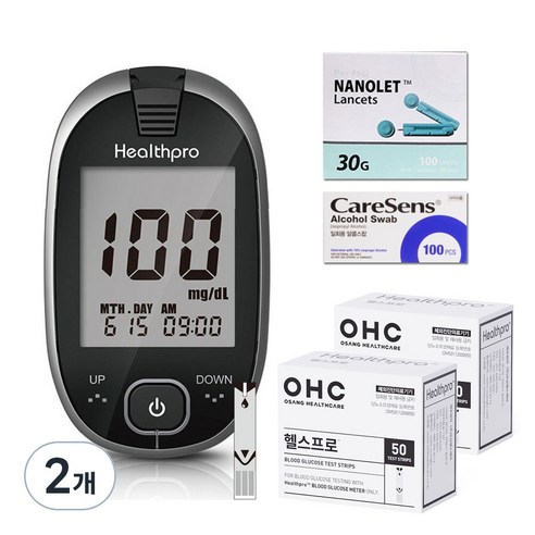 오상헬스케어 헬스프로 혈당측정기 + 혈당 검사지 100p + 채혈침 110p + 알콜솜 100p 세트, IGM-0028A, 2개