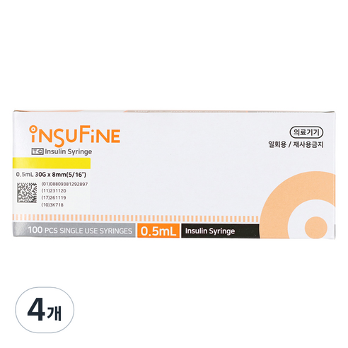 태창 인슈파인 인슐린 주사기 0.5ml 30g x 8mm 100p, 4개