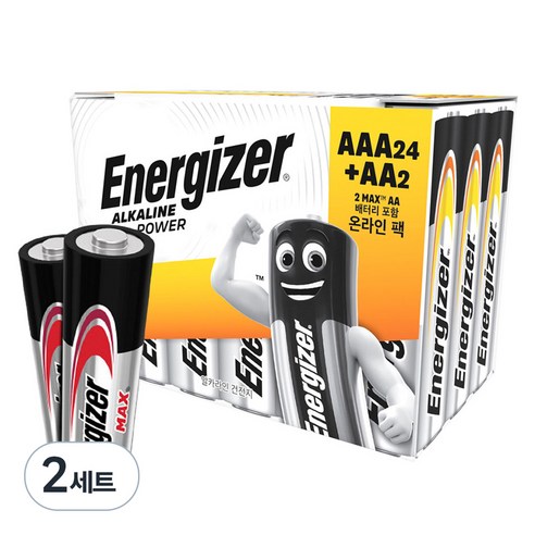 에너자이저 알카라인 건전지 패밀리팩 AAA 24개 + 맥스 AA 2개, 2세트, 24개입