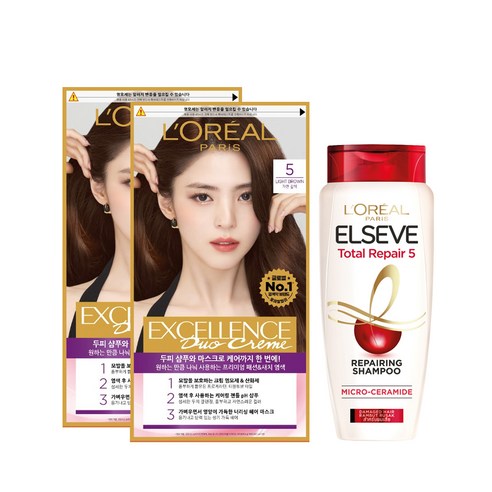 로레알파리 엑셀랑스 듀오크림 염색약 5호 자연갈색 2p + 토탈 리페어 샴푸170ml, 1세트