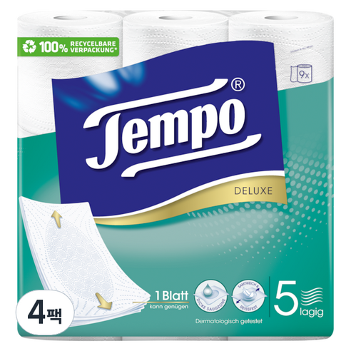 Tempo 천연펄프 5겹 고급롤화장지, 11m, 9롤, 4개