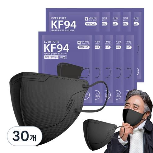 리벤스 에버퓨어 황사방역 마스크 성인용 KF94 대형플러스, 5개입, 30세트, 블랙