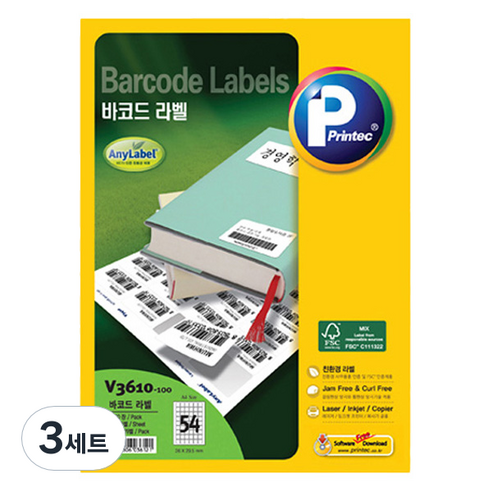 프린텍 바코드 애니라벨 100p 세트 V3610-100, 3세트, 54칸