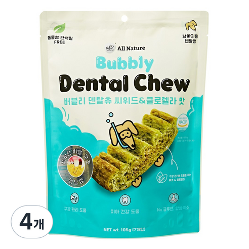 올네이쳐 강아지 버블리 덴탈츄 씨위드 & 클로렐라 맛 간식, 105g, 4개