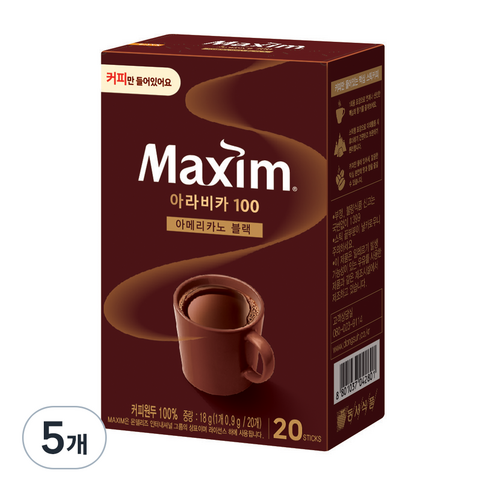 맥심 아라비카100 아메리카노 블랙, 0.9g, 20개입, 5개