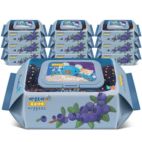 페넬로페 100셀룰로오즈 페일블루 저자극 아기물티슈 캡형, 70매, 10팩