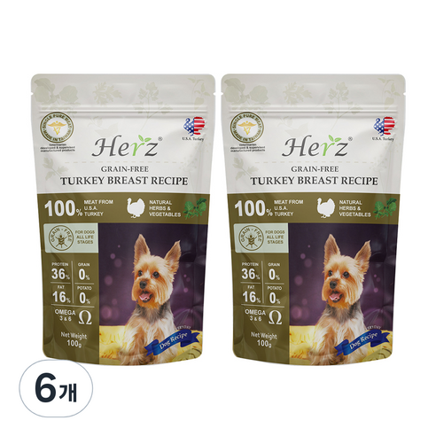 허즈 전연령 강아지 그레인프리 레시피 건조사료, 칠면조, 100g, 6개