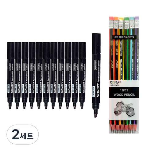 동아 리필형 논드라이 유성매직 사각촉 12p + 투코비 삼각 지우개 연필 SG-208 12p 세트, 흑색(유성매직), 혼합색상(지우개연필), 2세트