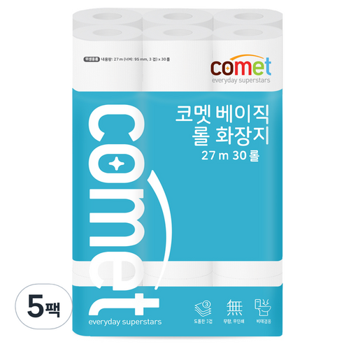 코멧 베이직 3겹 롤화장지 27m, 30개입, 5개