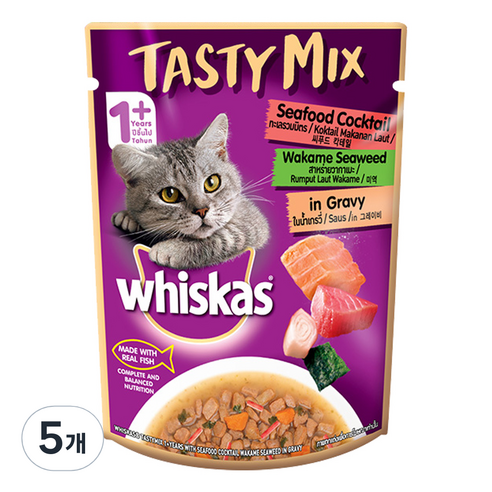 위스카스 고양이 테이스티믹스 씨푸드칵테일과미역 in 그레이비 습식사료, 생선, 70g, 5개