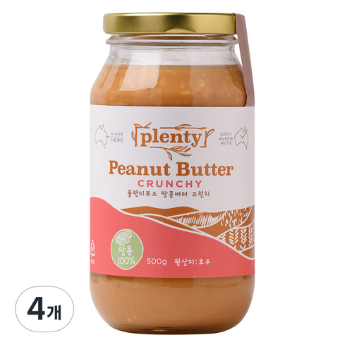 Plenty 플랜티푸드 땅콩버터 크런치, 500g, 4개
