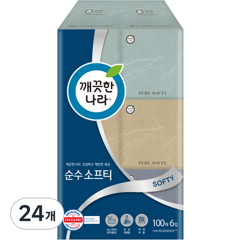깨끗한나라 펄프 순수 소프티 미용티슈 2겹, 100개입, 24개