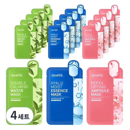 메디힐 더블 카밍 워터 마스크 5매 + 히알루 모이스트 에센스 마스크 5매 + 펩타 리프팅 앰플 마스크 5매, 15매입, 4개