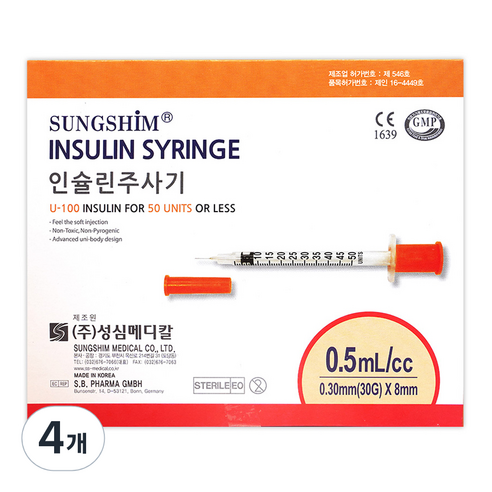 성심메디칼 인슐린 주사기 0.5ml 8mm 30g 100p, 4개