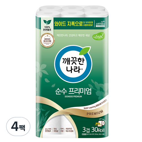 깨끗한나라 순수 프리미엄 천연펄프 3겹 롤화장지, 25m, 30개입, 4개
