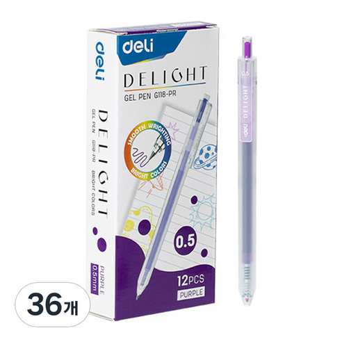 델리 델라이트 퀵드라이 노크식 젤잉크펜 0.5mm EQ118, 퍼플, 36개