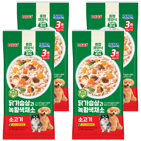 이나바 강아지 닭가슴살과 녹황색채소 파우치 QDR-142, 180g, 4개, 혼합맛(닭가슴살/채소/소고기)
