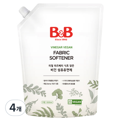 비앤비 유아용 비건 섬유 유연제 리필형, 1.5L, 4개