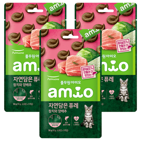 풀무원아미오 전연령 고양이 자연담은 퓨레 습식사료, 참치, 50g, 3개