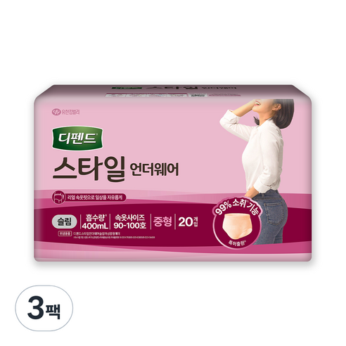 디펜드 여성용 스타일 언더웨어 슬림 성인기저귀, 중형, 20개입, 3개
