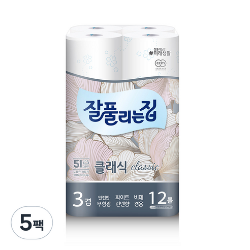 잘풀리는집 3겹 클래식 화장지 27m, 12롤, 5개