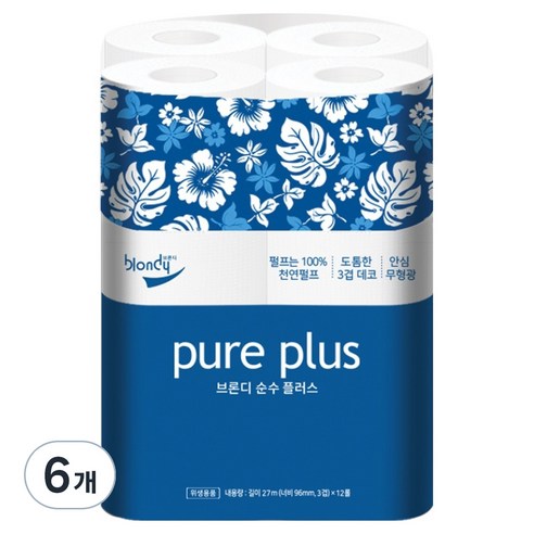 브론디 순수플러스 천연펄프 3겹 고급롤화장지, 27m, 12롤, 6개