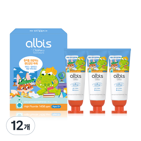 알비스 1450 고불소 충치케어 어린이 치약 블루베리향, 75g, 12개