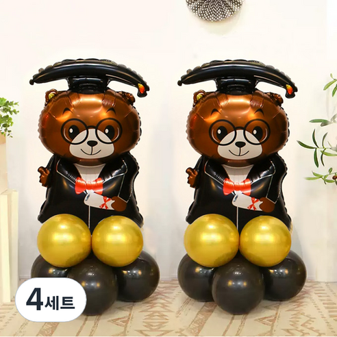 와우파티코리아 졸업 풍선 기둥 불곰박사 DIY 세트, 골드(30cm풍선) + 블랙(30cm풍선) + 불곰박사(은박풍선), 4세트