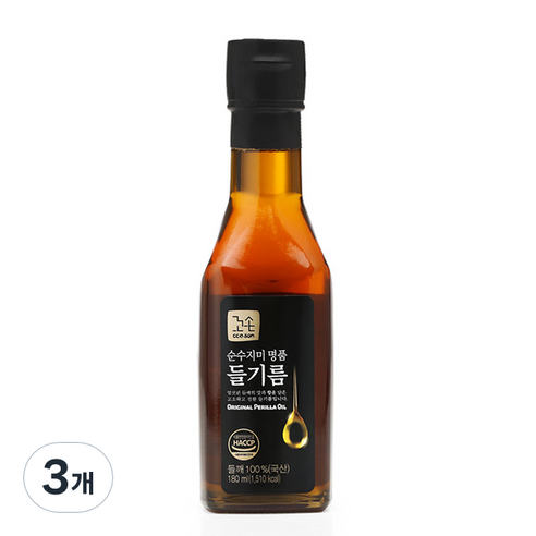 꼬손 국산 순수지미 명품 들기름, 3개, 180ml