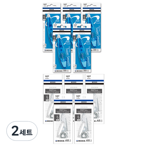 톰보우 모노에어 펜타입 수정테이프 5mm 5p + 리필 5p, 블루, 2세트
