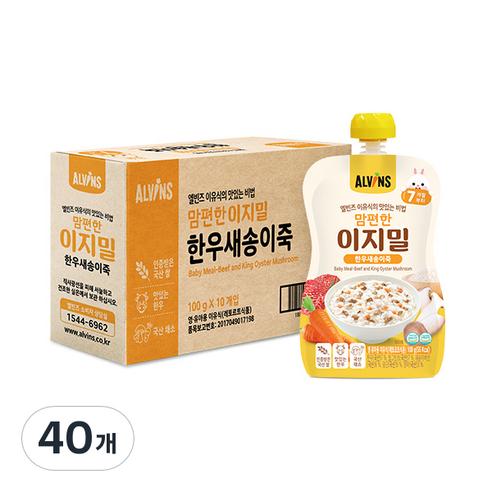 엘빈즈 이지밀 맘편한 파우치 이유식 7개월 이상, 40개, 한우새송이죽