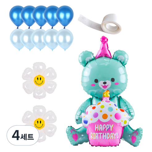 파티쇼 곰돌이 컵케익 데이지 풍선 소형 스마일 파티 글루닷 세트, 민트(곰돌이풍선), 블루(파티풍선), 4세트