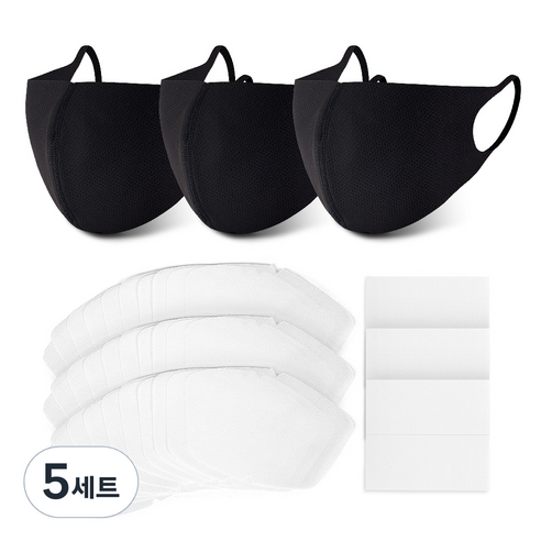 에코리즈 필터교체형 3D 패션 마스크 블랙 L 3p + 교체 필터 30p + 수용성밴드 60p 세트, 5세트