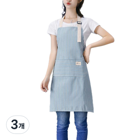 아메리칸로드 파스텔 스트라이프 원피스형 앞치마 RK2330, 3개, 블루